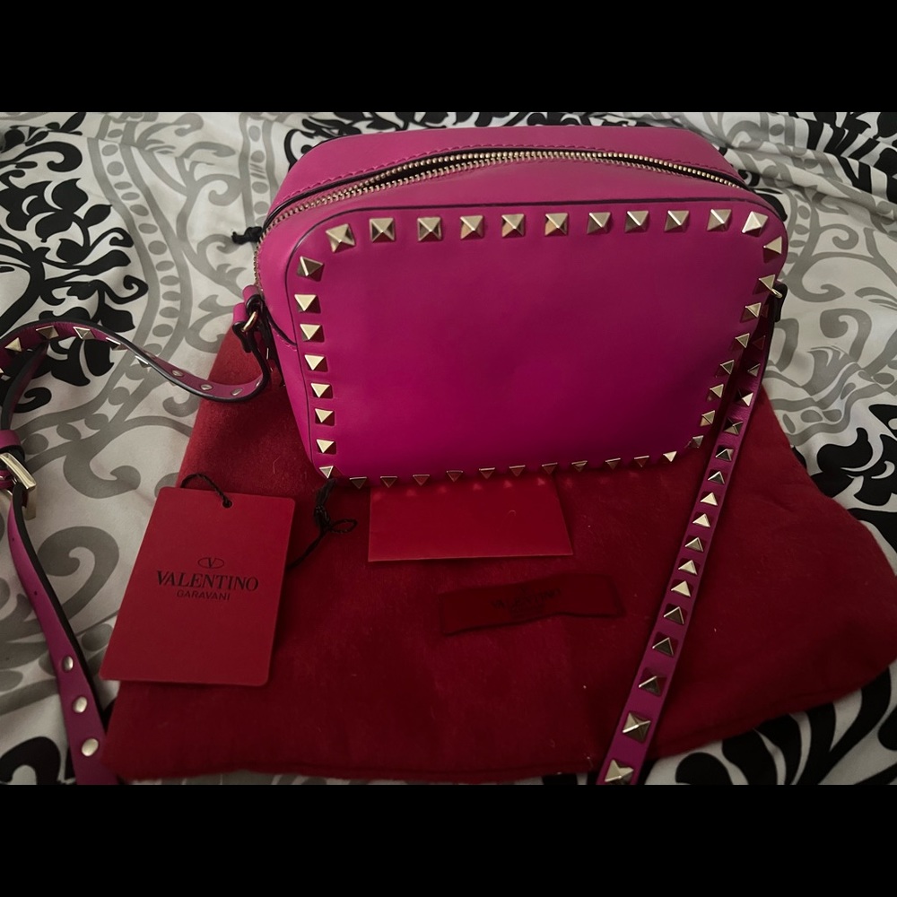 Valentino Hot Pink Small Rockstud Camera Crossbody Bag Leather Gold Hardware